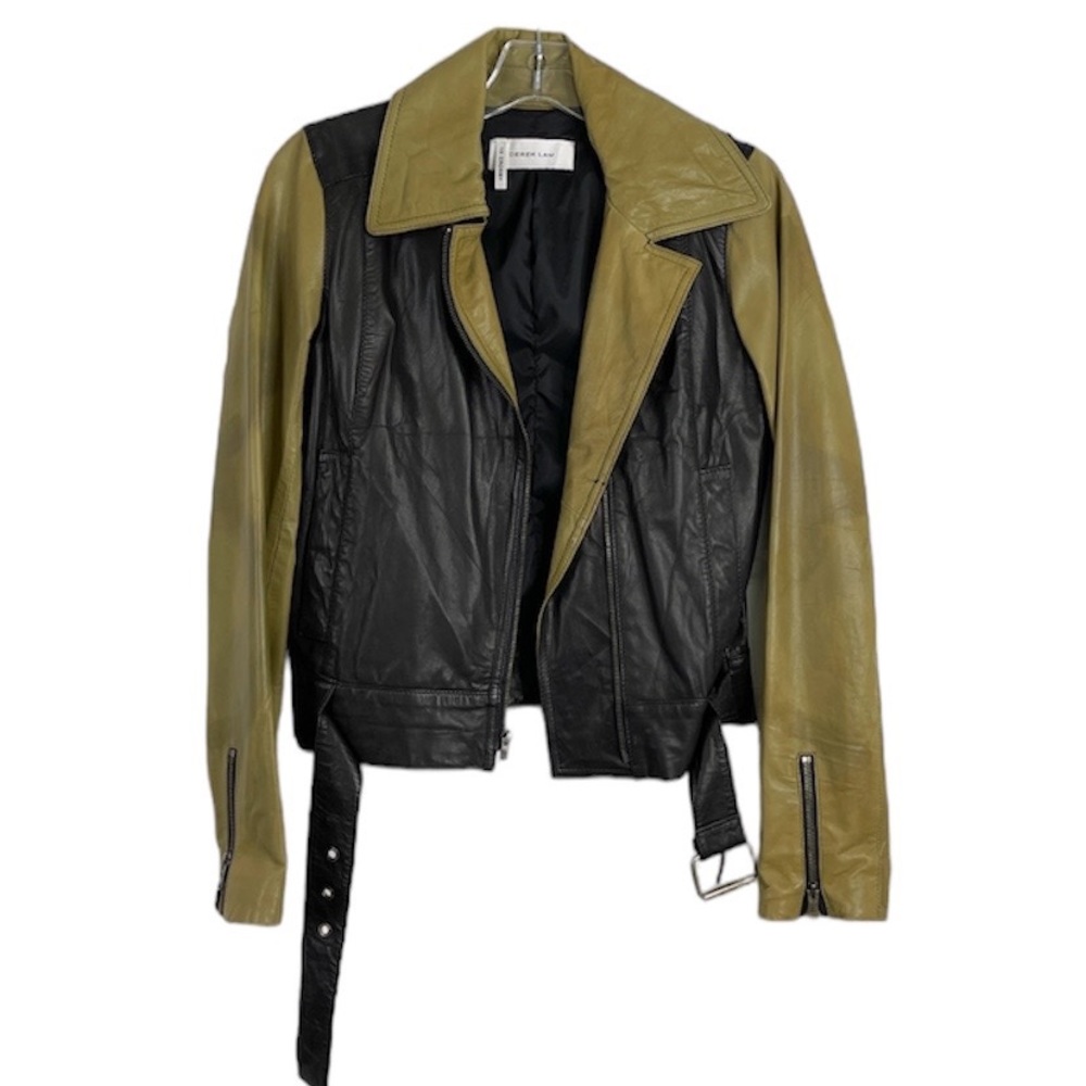 DEREK LAM 10 Crosby 100% Leather Moto Jacket Black And Olive Size 4